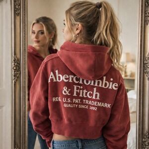 Abercrombie & Fitch Y2K Hoodie Cropped Full Zip Women's XS Red Spellout  Logo AF